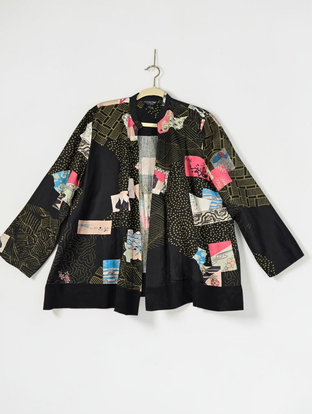 Citron Black Asian Print Silk Linen Blazer Open Front Banded Collar Womens 1X - Picture 1 of 15